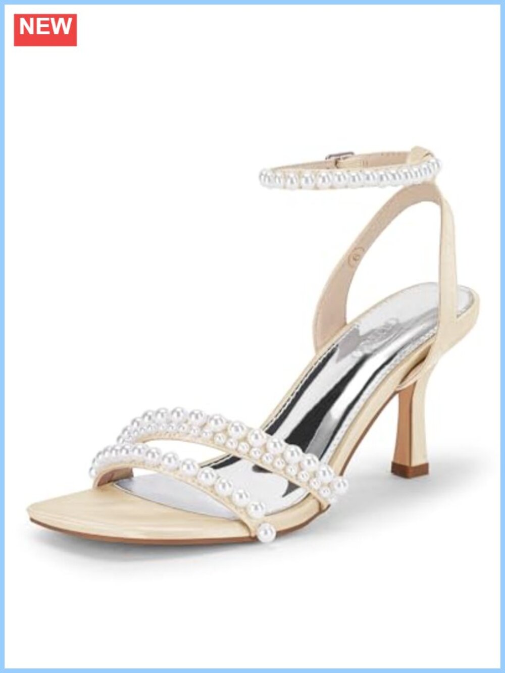 Satin Kitten Heel Ankle Strap Sandals Square Open Toe Pearl Embellished Wedding